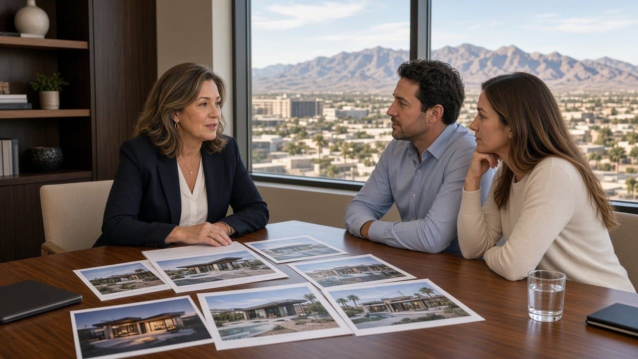 Realtor meeting adult buyers in a Las Vegas office with desert mountain window light