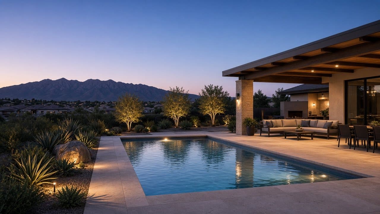 Luxury Summerlin West pool and covered patio at twilight