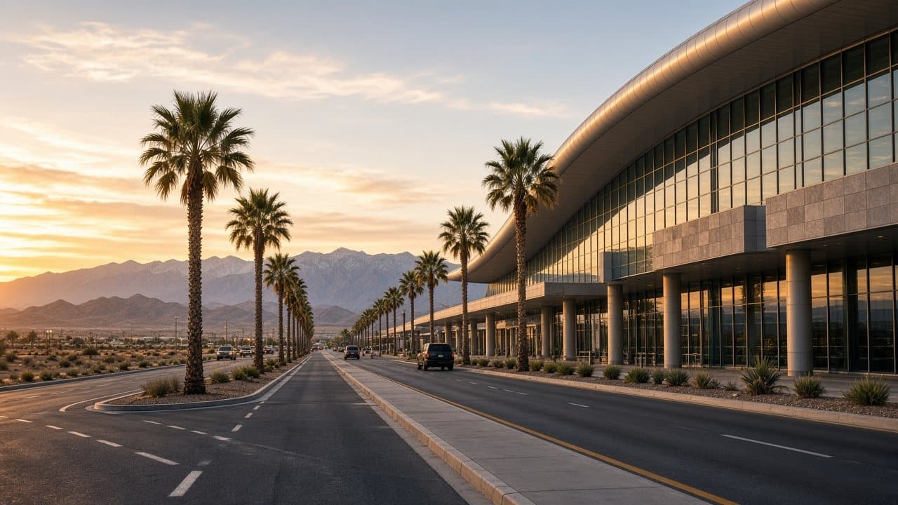 Desert airport terminal exterior in Las Vegas at golden hour