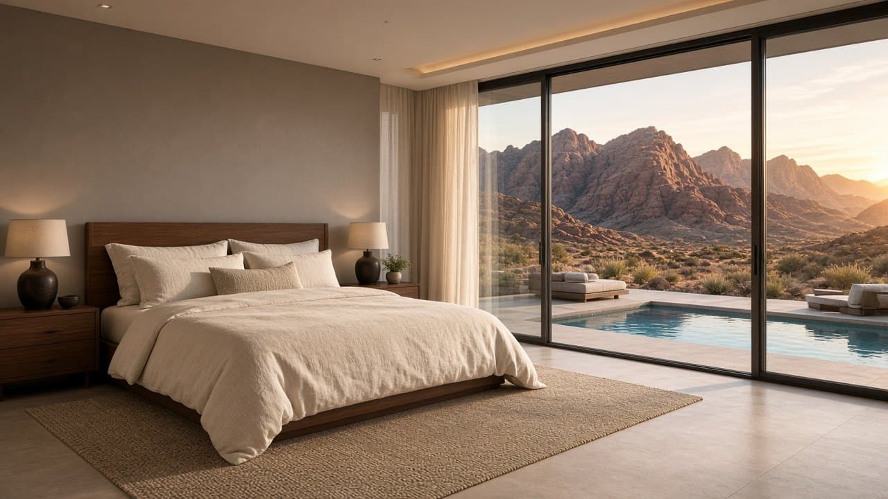 Luxury Summerlin West primary bedroom with glass walls opening to a pool and Red Rock Canyon