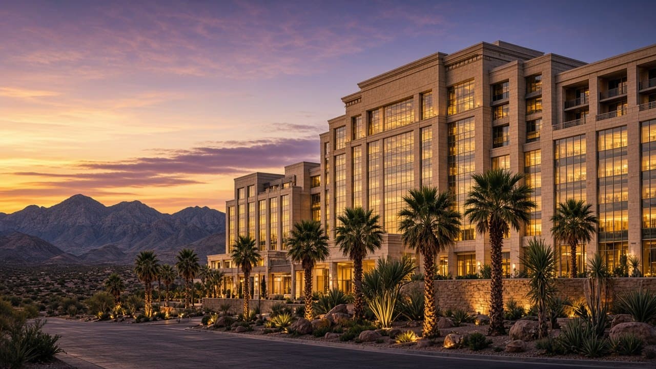 Desert casino-resort hotel exterior in west Las Vegas at dusk