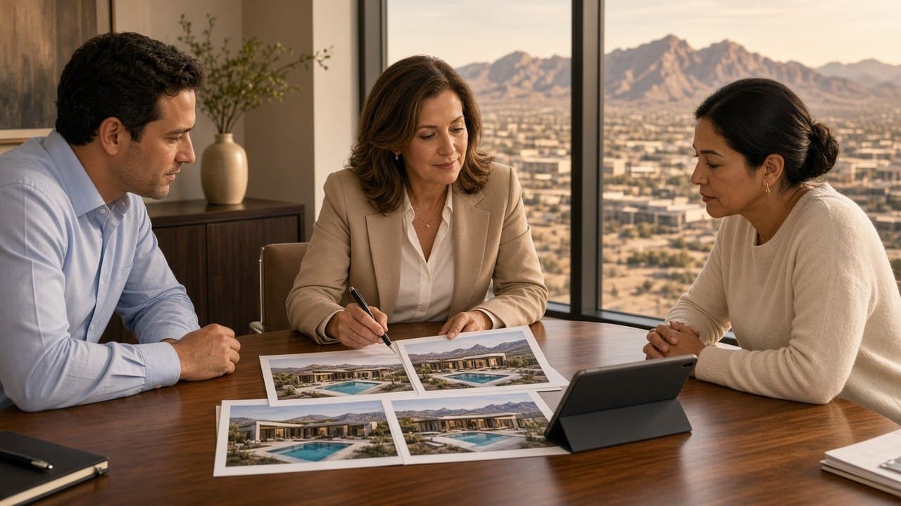 Realtor reviewing listing photos with adult buyers in a Las Vegas office overlooking desert mountains