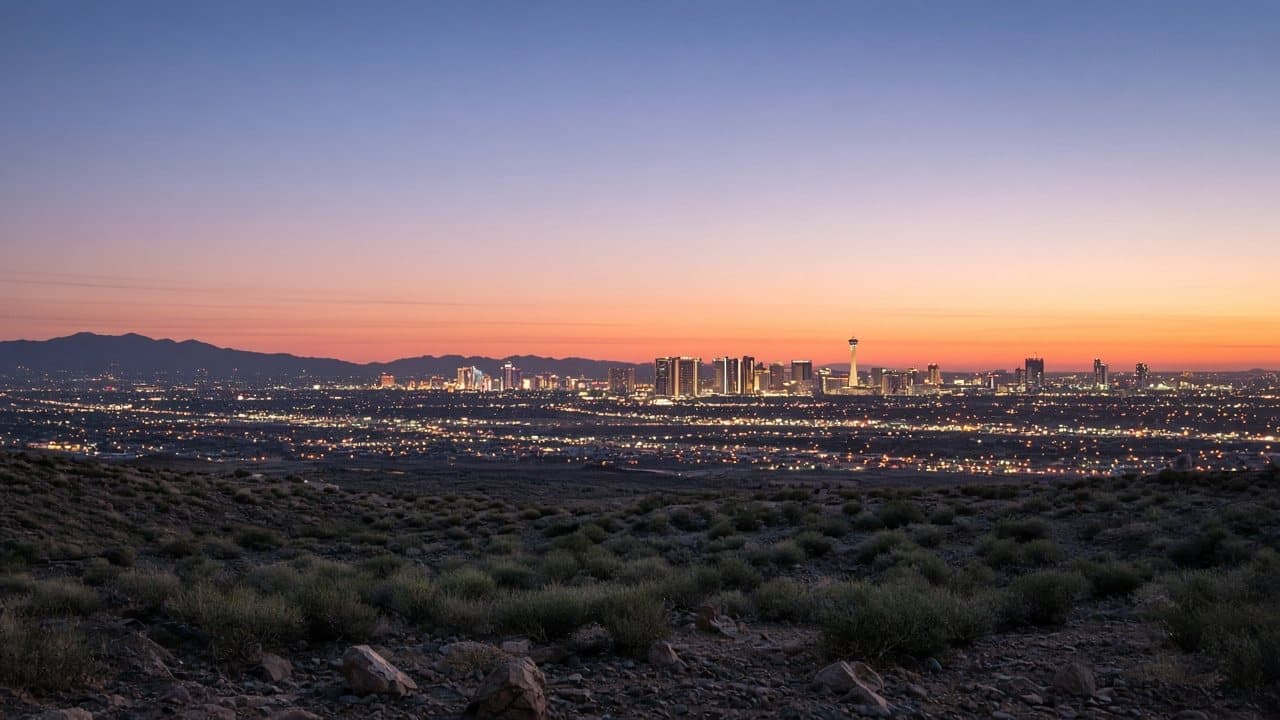 Las Vegas skyline at dusk seen from the west valley