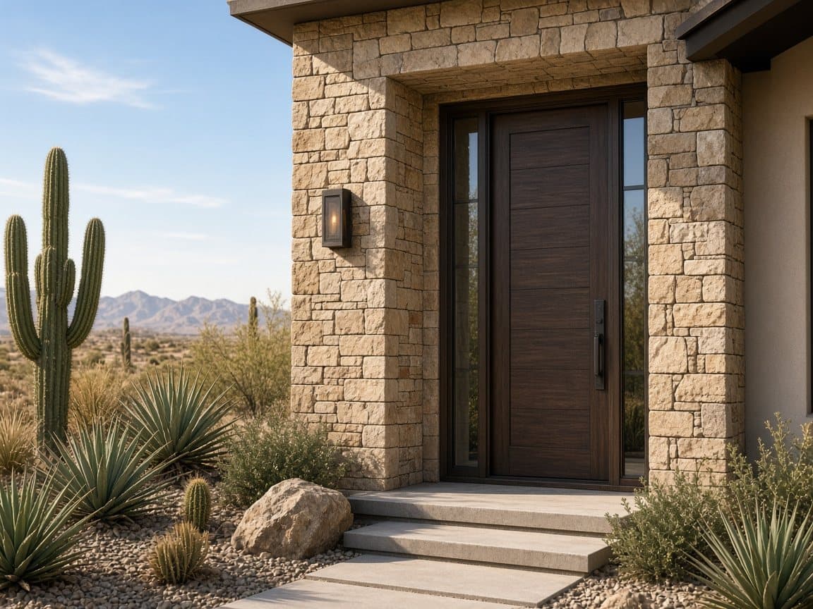 Stone entry and desert plants at a Summerlin West luxury home