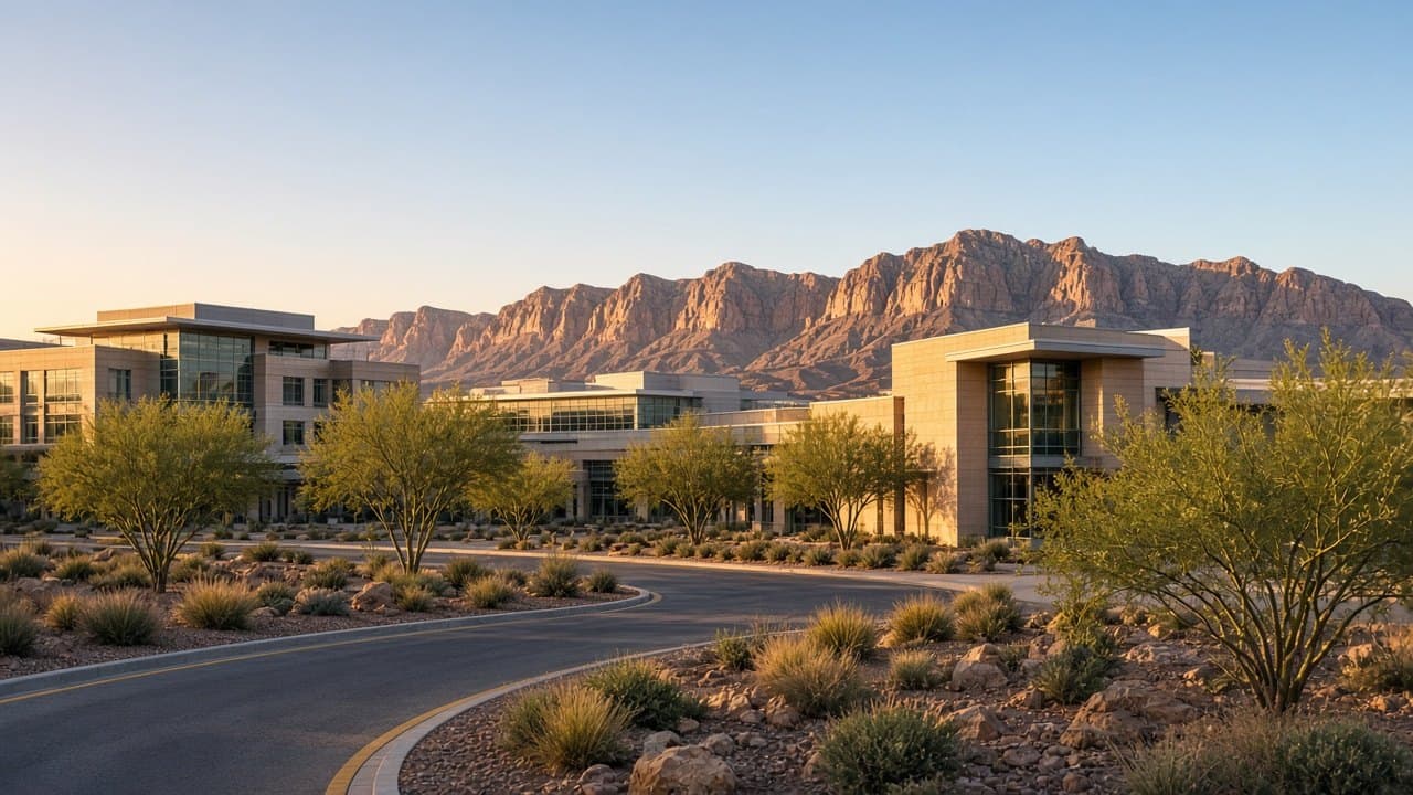 Desert hospital campus in west Las Vegas with mountain views