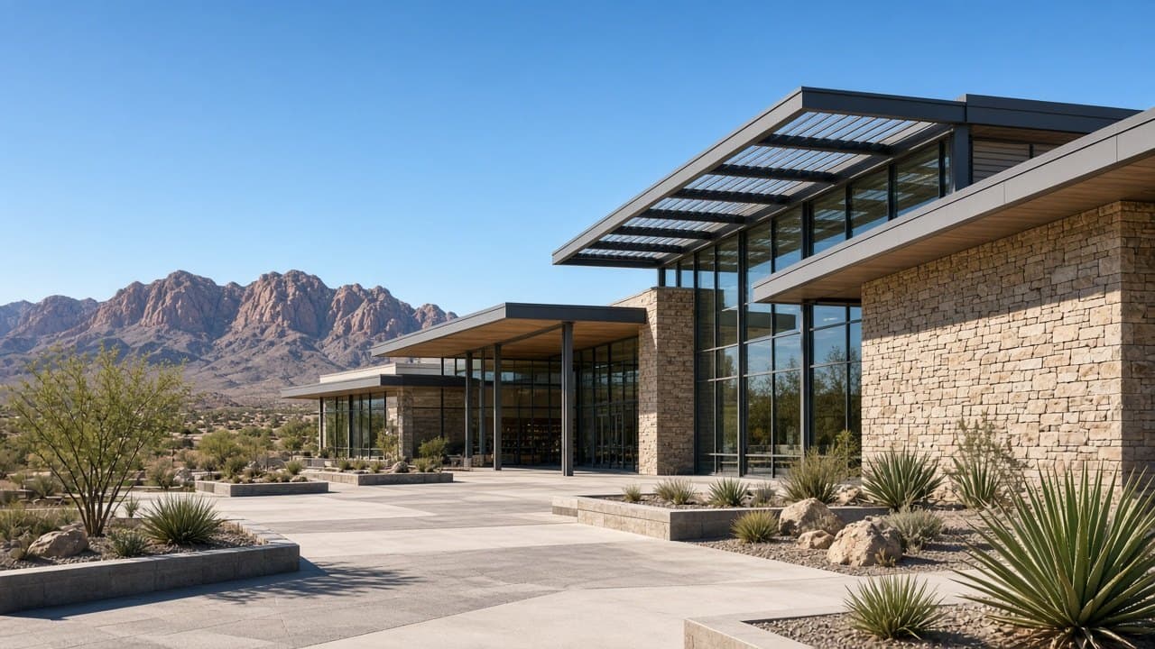 Contemporary public library exterior in Summerlin West Las Vegas
