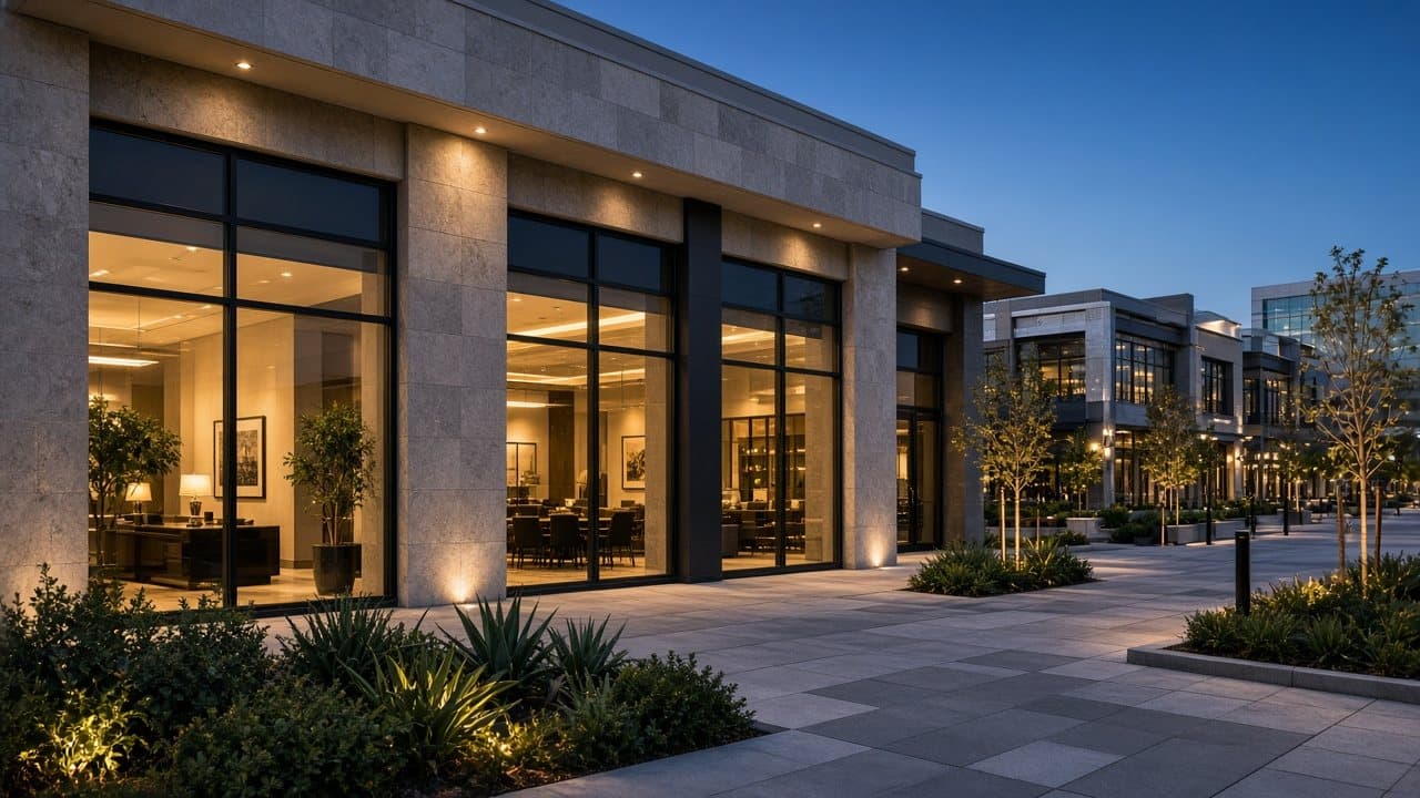 Mixed-use office plaza in Downtown Summerlin at evening