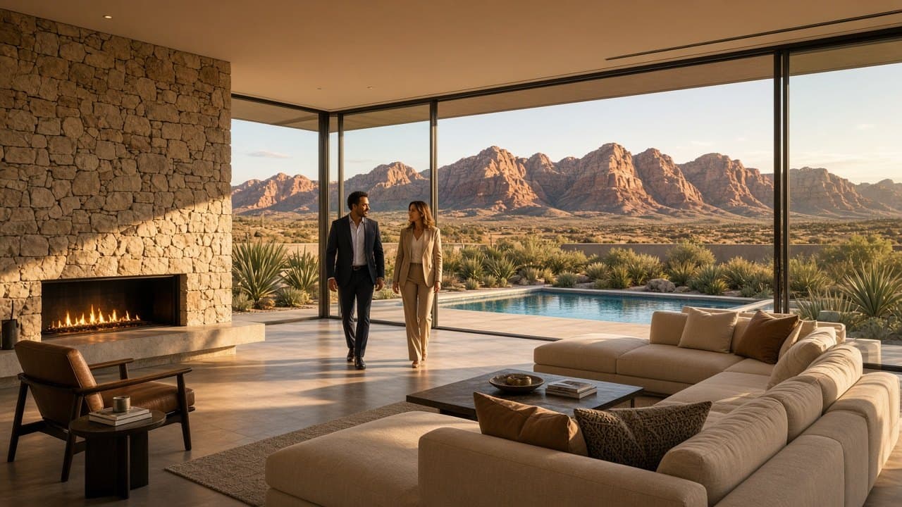 Adult buyers touring a luxury Summerlin West living room with Red Rock Canyon views