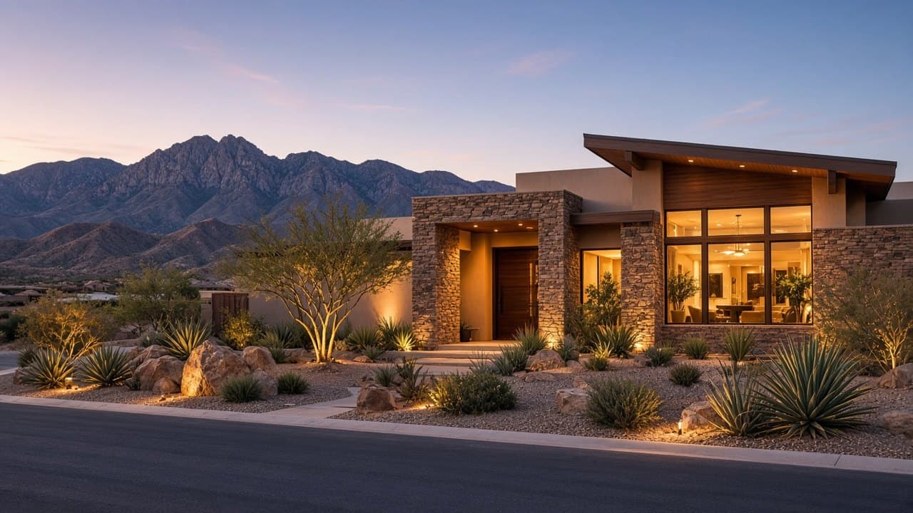 Luxury Summerlin West home exterior at dusk with desert landscaping and mountain backdrop