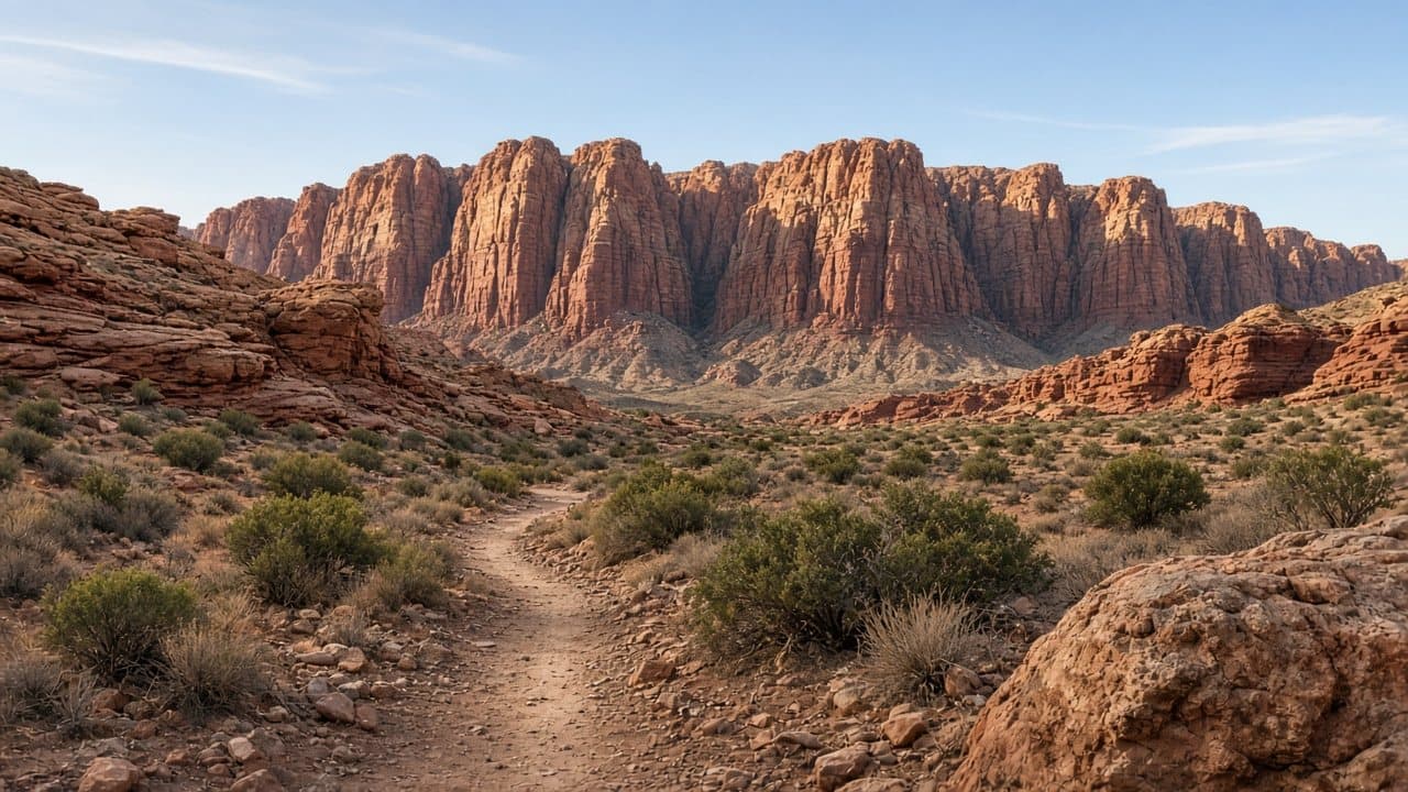 Desert hiking trail toward Red Rock Canyon sandstone cliffs