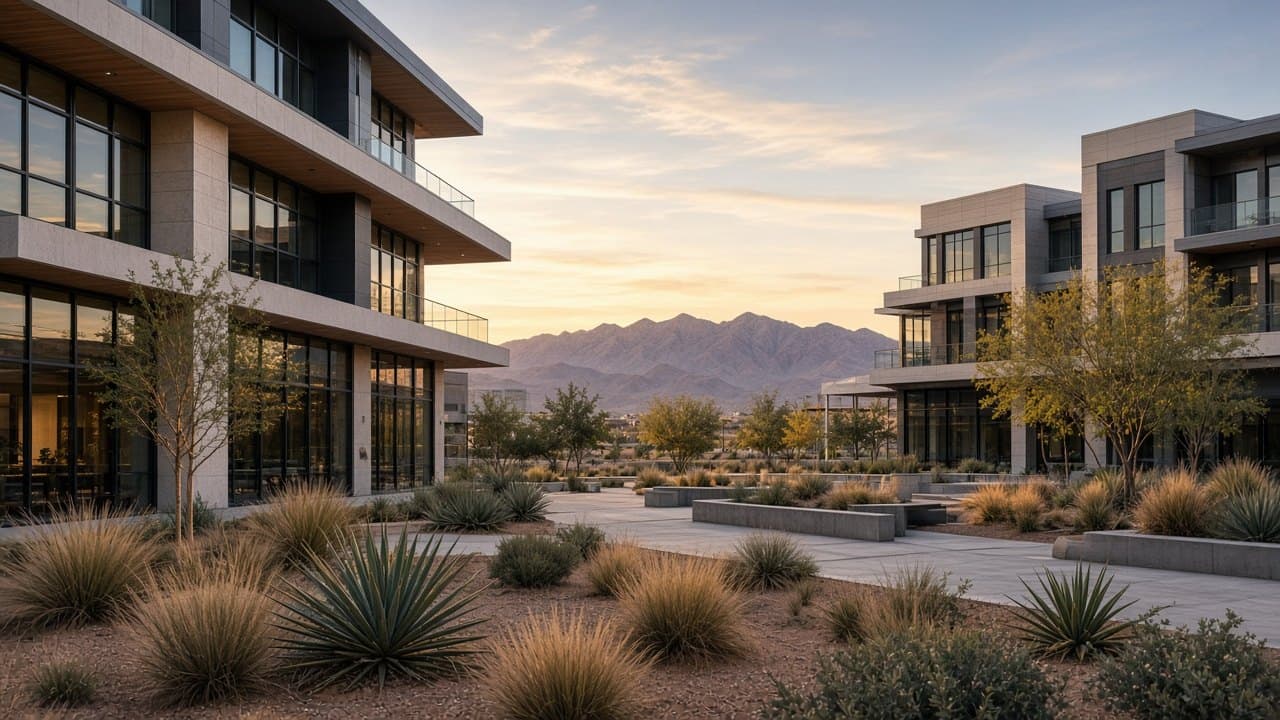 Downtown Summerlin mixed-use office plaza on West Twain Avenue at evening