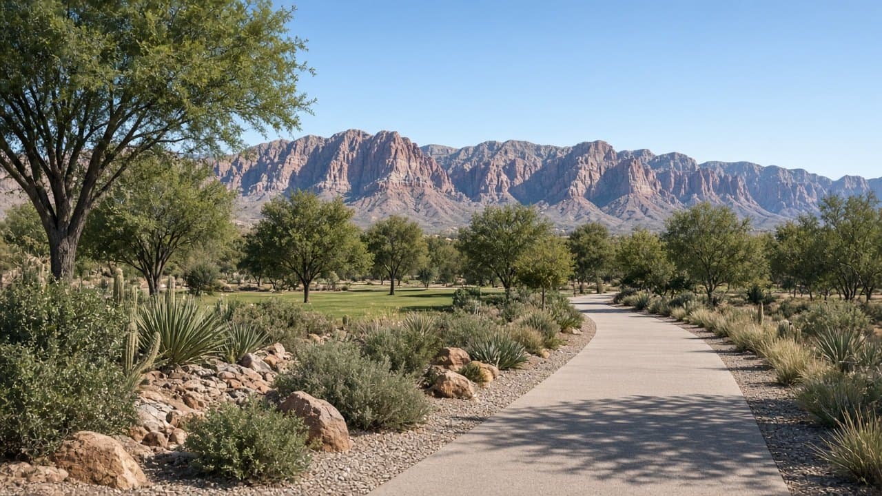 Desert neighborhood walking path in Summerlin West with Red Rock Canyon in the distance