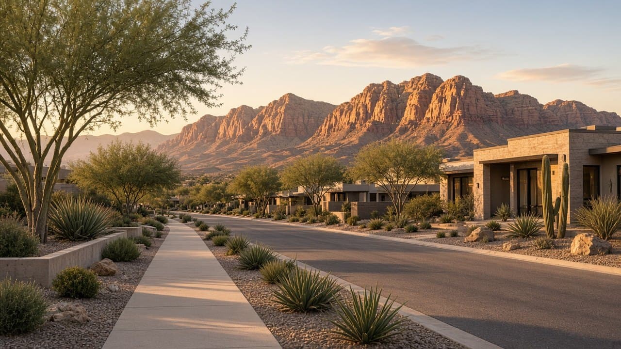 Quiet Summerlin West village street with desert-modern homes and mountain backdrop