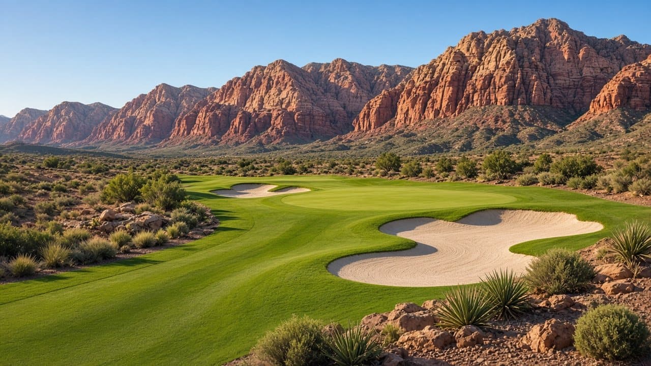 Golf course fairway in west Las Vegas with Red Rock Canyon mountains
