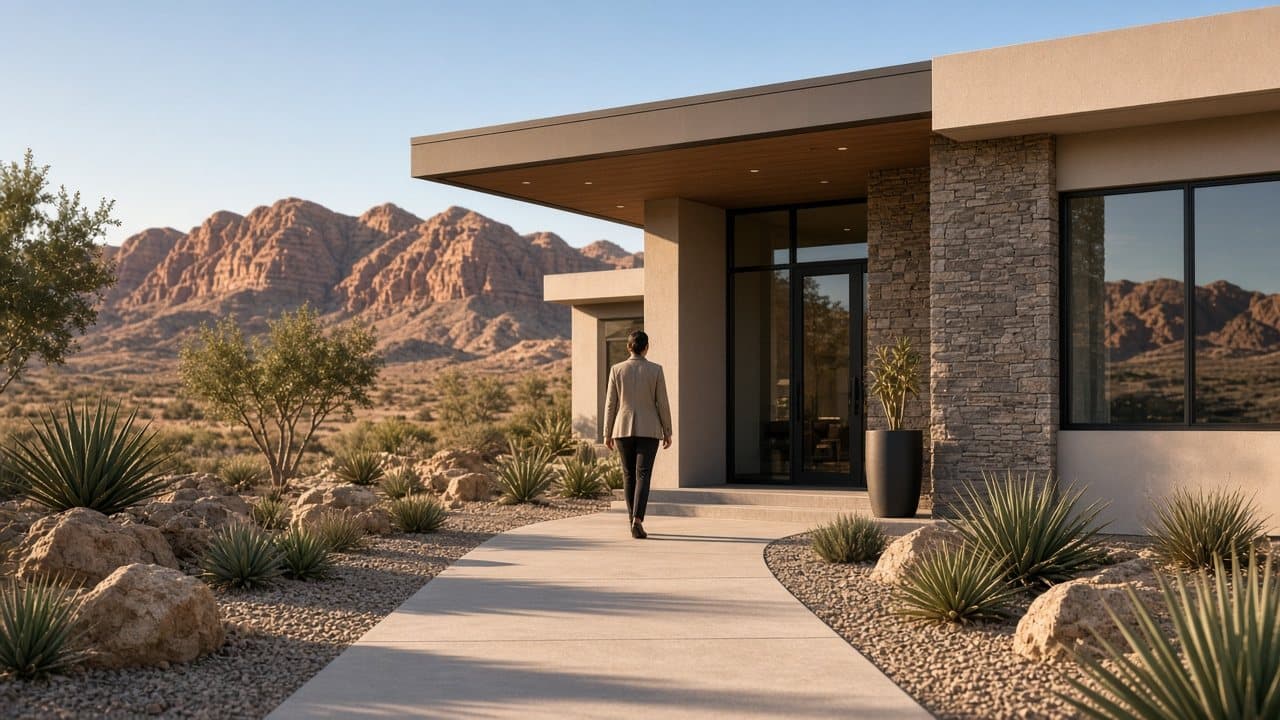 Buyer approaching a modern Summerlin West Las Vegas home for a showing