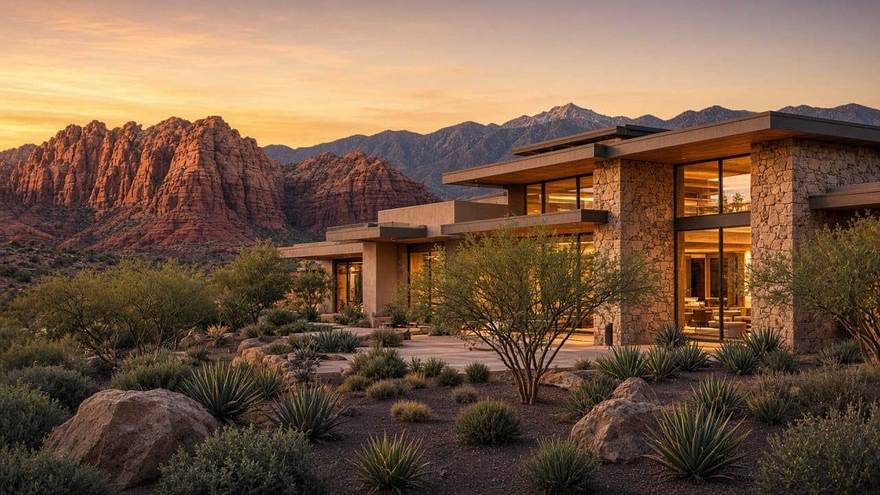 Luxury Summerlin West Las Vegas home at sunset with Red Rock Canyon mountains behind it