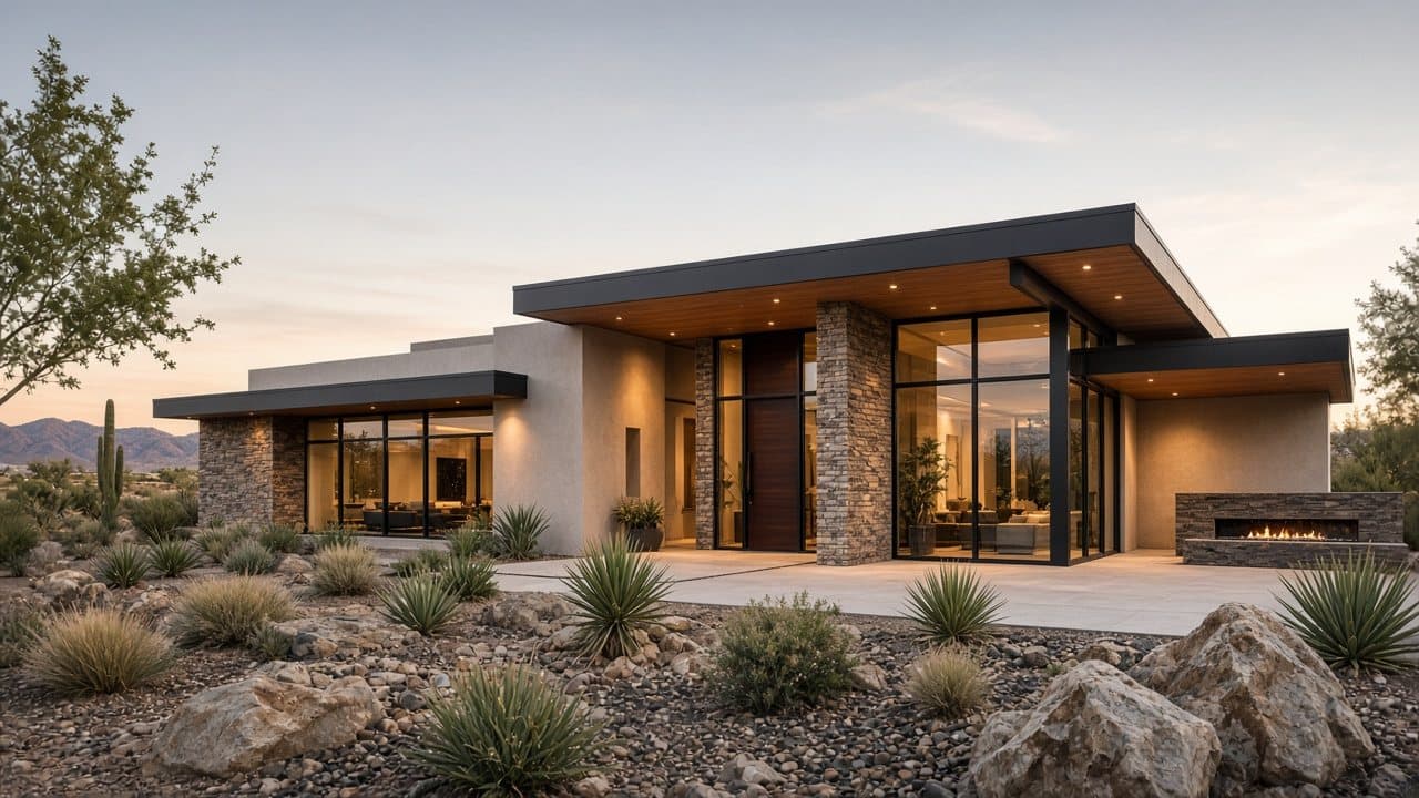 Contemporary luxury home facade in west Las Vegas with desert landscaping