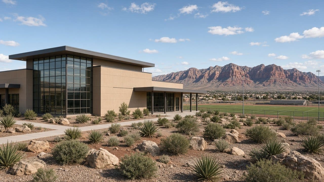 Modern school campus architecture in west Las Vegas with desert landscaping