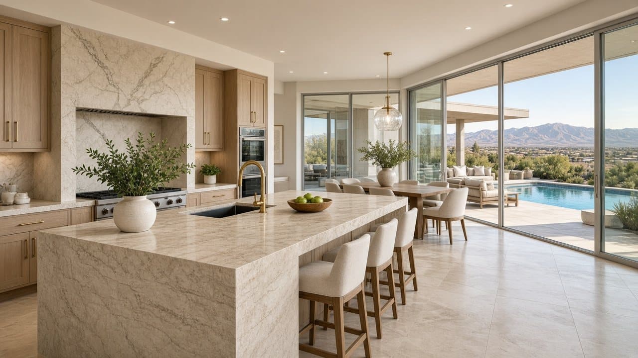Luxury kitchen and patio in a Summerlin West home with mountain light