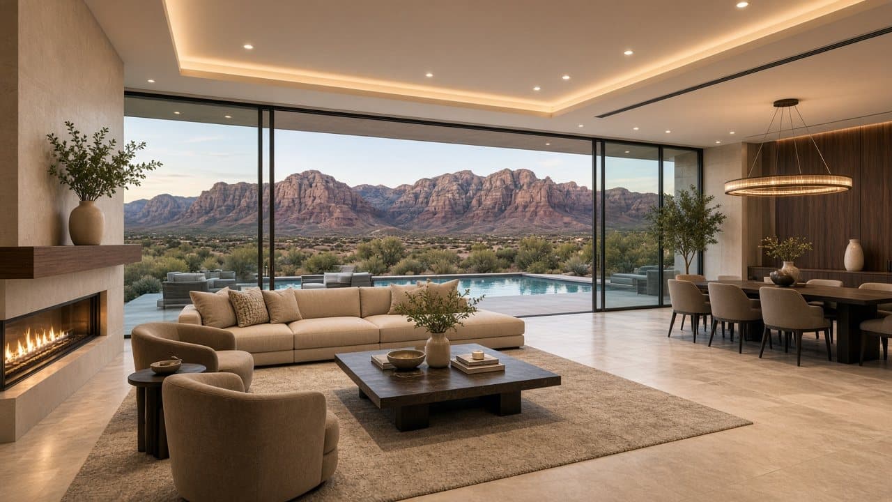 Staged luxury living room in Summerlin West looking out to a pool and mountains