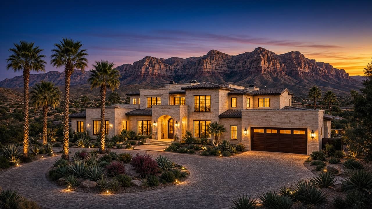 Luxury estate at dusk in Summerlin West Las Vegas with Red Rock Canyon beyond