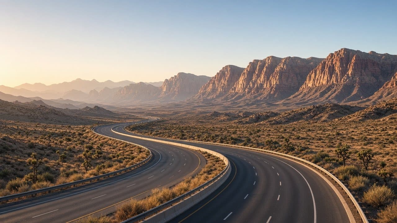 West Las Vegas beltway curving toward Red Rock Canyon at golden hour