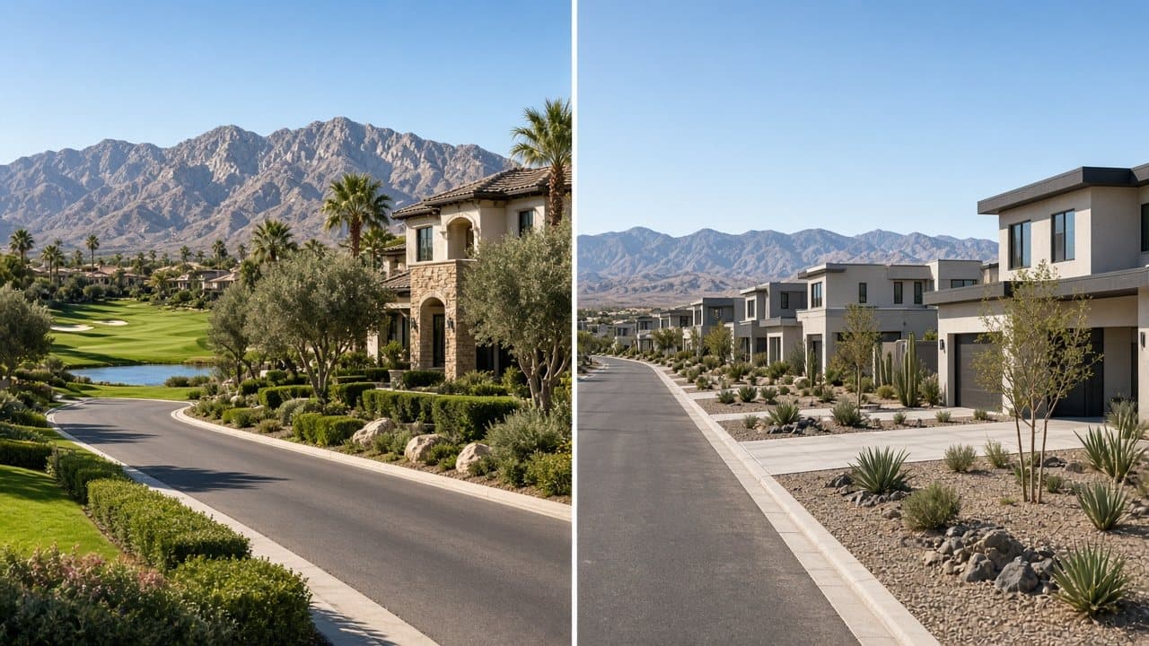 Two Summerlin West village streetscapes with golf-course and newer desert homes
