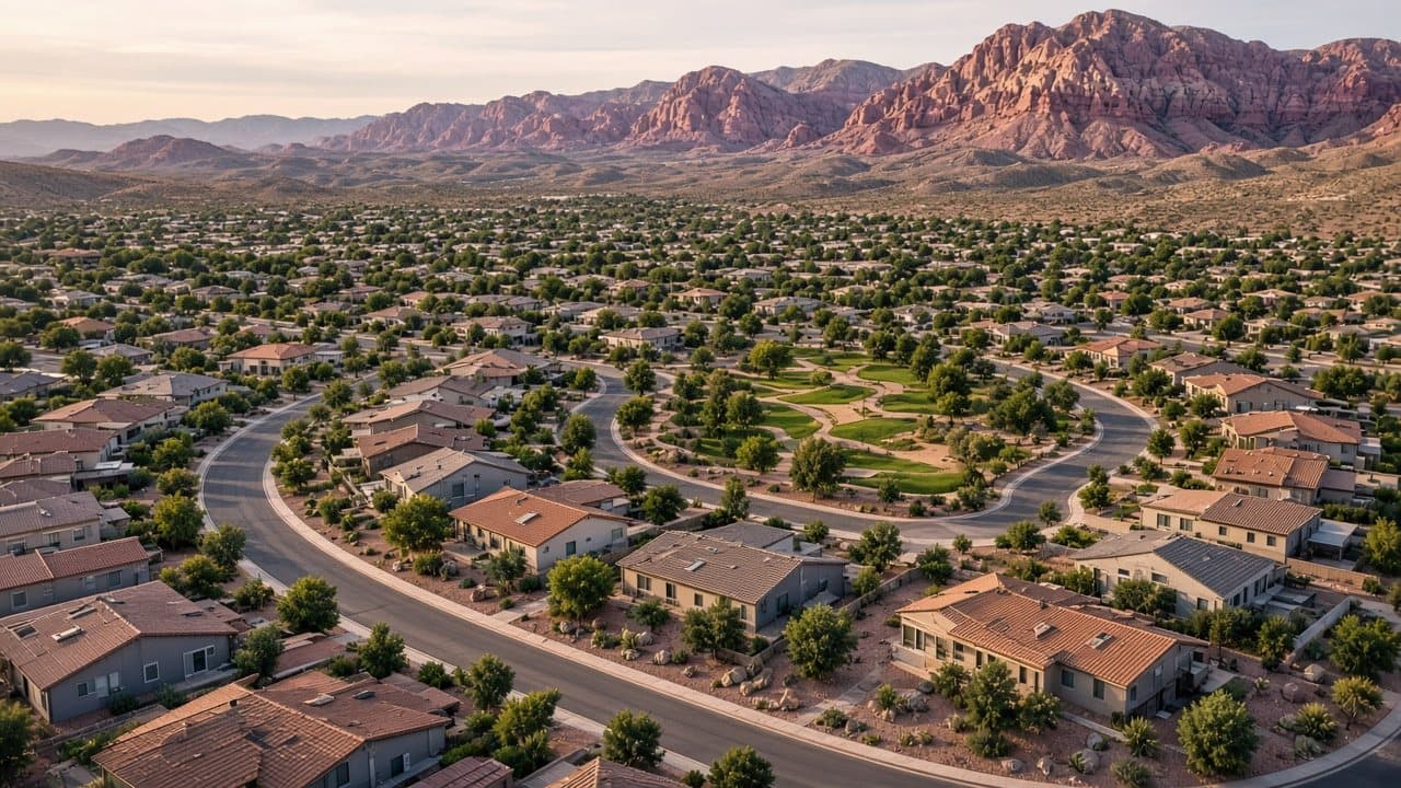 Aerial view of a Summerlin West master-planned village with desert landscaping and mountain views