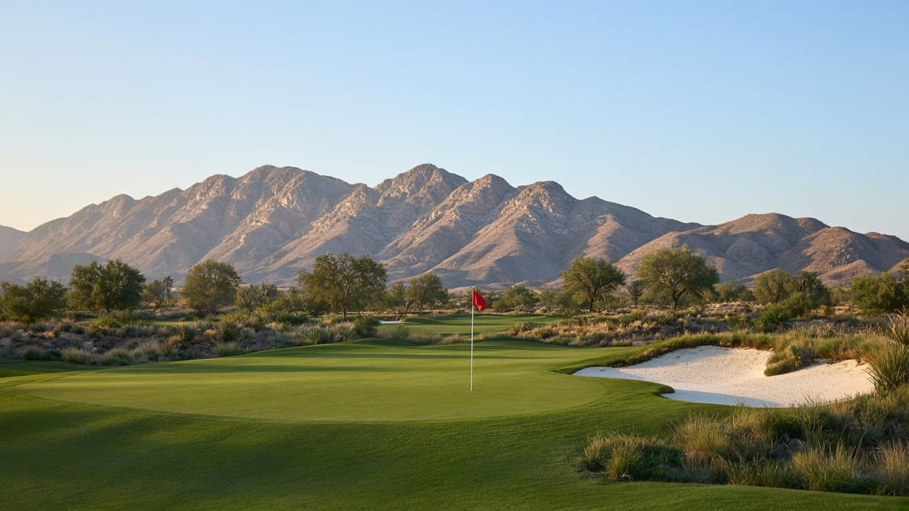 Golf green and bunker in Summerlin West with desert mountains beyond