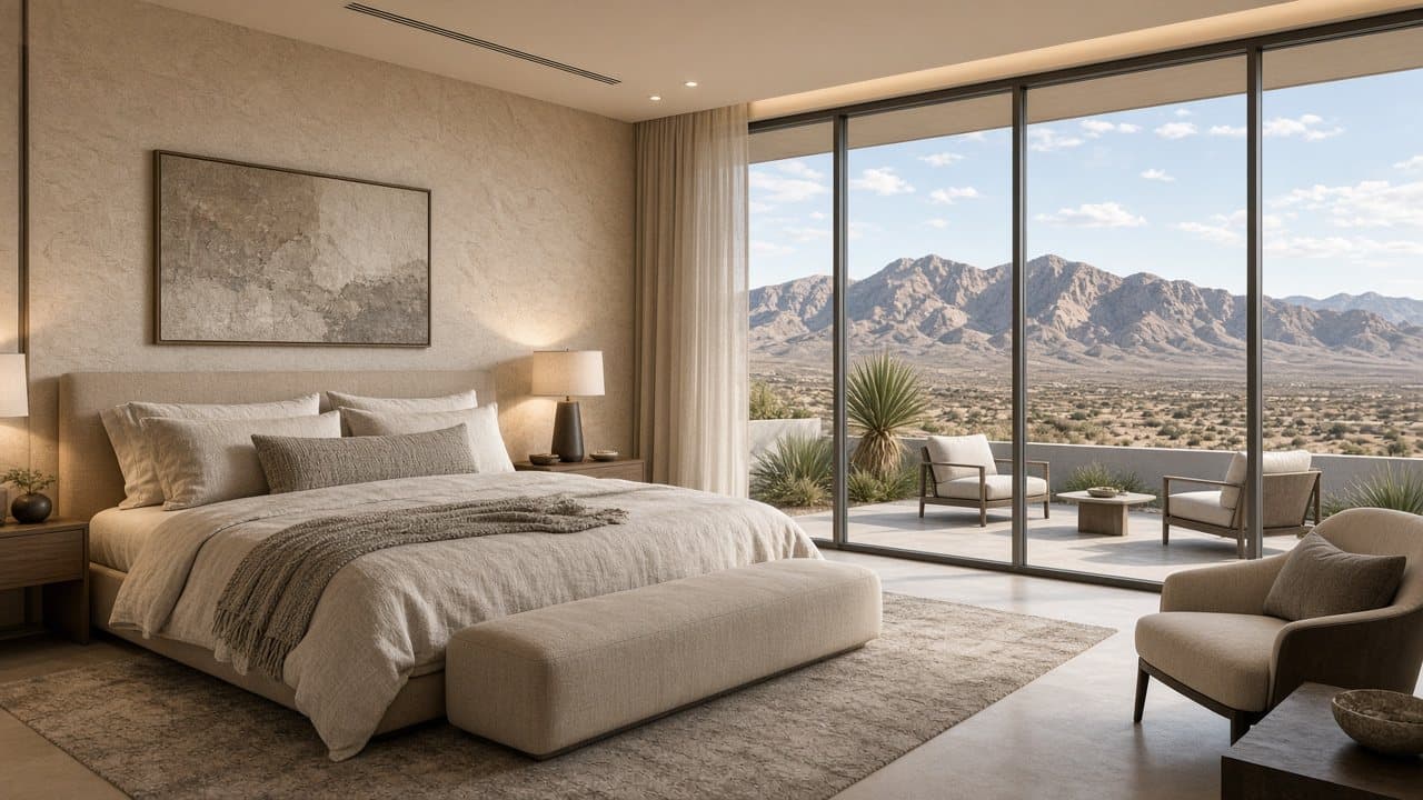 Luxury primary suite in Summerlin West with mountain views through glass walls