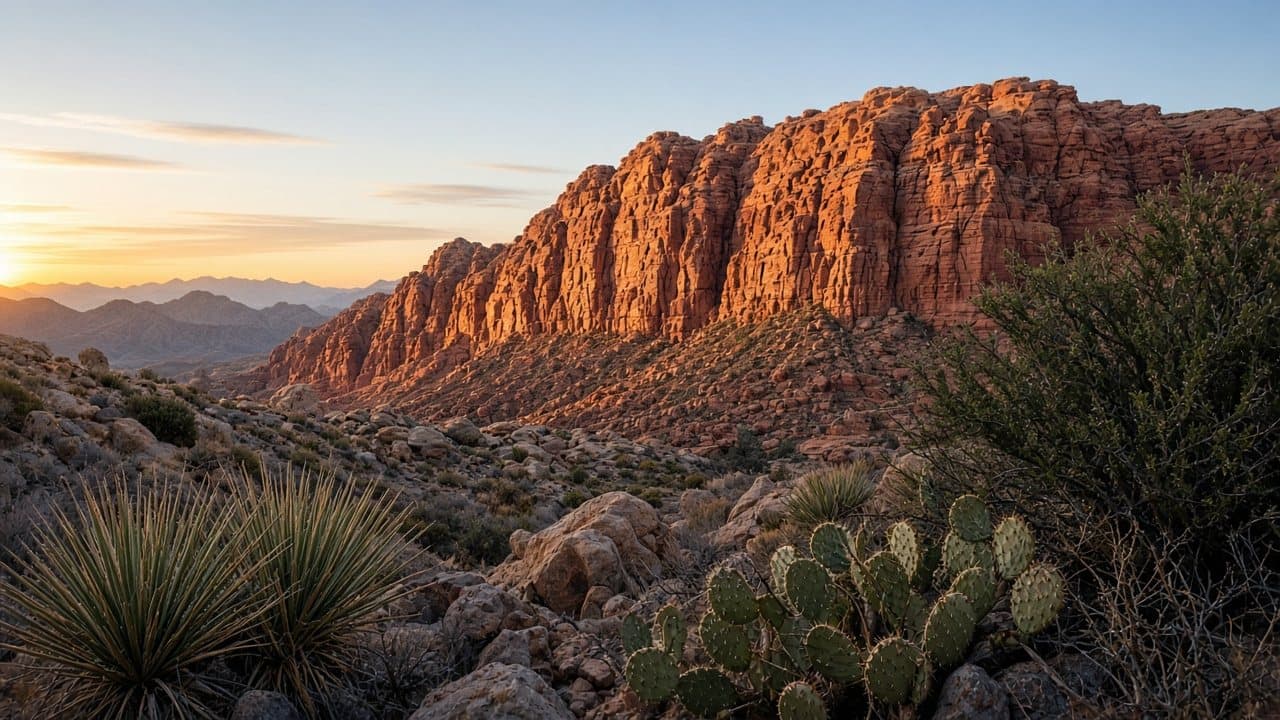 Red Rock Canyon sandstone cliffs at sunrise from a west Las Vegas ridgeline